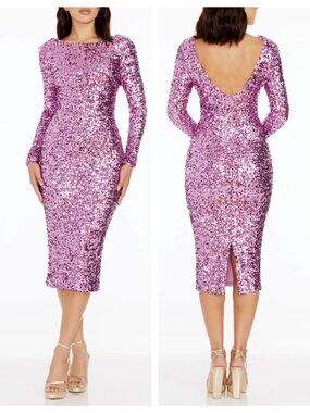 Dress the Population Emery Long Sleeve Sequin Midi Dress Lilac New